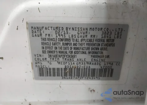 2015 Nissan Sentra Fe+ S/S/Sl/Sr/Sv z USA, uszkodzony, nr VIN 3N1AB7AP2FY243491